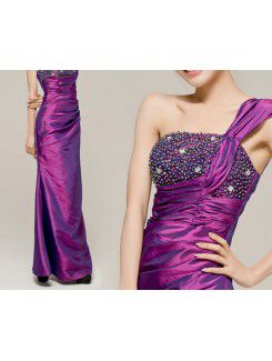 Satin One Shoulder Floor Length Sheath Evening Dress with Sequins