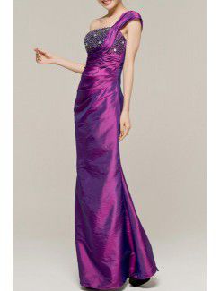 Satin One Shoulder Floor Length Sheath Evening Dress with Sequins