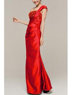 Satin One Shoulder Floor Length Sheath Evening Dress with Sequins