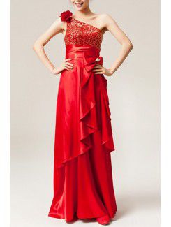 Satin One Shoulder Floor Length A-line Evening Dress with Sequins