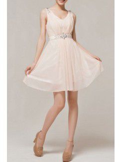 Chiffon V-neck Short Sheath Evening Dress with Crystal