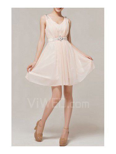 Chiffon V-neck Short Sheath Evening Dress with Crystal