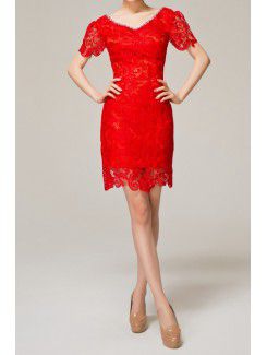 Lace V-neck Short Sheath Evening Dress with Crystal