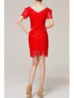 Lace V-neck Short Sheath Evening Dress with Crystal