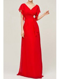 Chiffon V-neck Floor Length Empire Evening Dress with Crystal