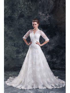 Lace V-Neck Sweep Train A-line Half-Sleeves Wedding Dress