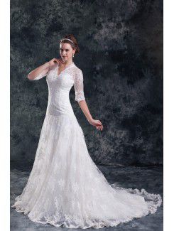 Lace V-Neck Sweep Train A-line Half-Sleeves Wedding Dress