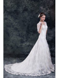 Lace V-Neck Sweep Train A-line Half-Sleeves Wedding Dress