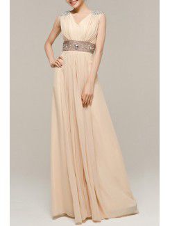 V-neck floor-lunghezza impero abito da sera in chiffon con cristalli