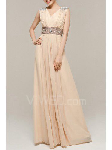 Chiffon V-neck Floor Length Empire Evening Dress with Crystal