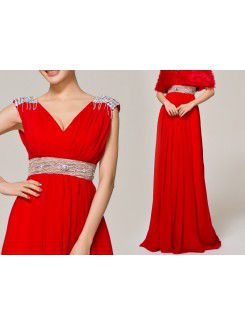 Chiffon V-neck Floor Length Empire Evening Dress with Crystal