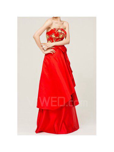 Satin Strapless Floor Length A-line Evening Dress with Embroidered