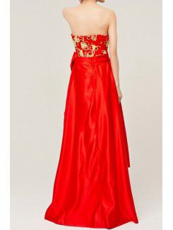 Satin Strapless Floor Length A-line Evening Dress with Embroidered