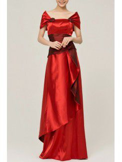 Satin Off-the-Shoulder Floor Length A-line Evening Dress with Handmade Flowers