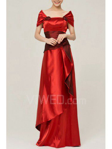 Satin Off-the-Shoulder Floor Length A-line Evening Dress with Handmade Flowers