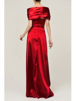 Satin Off-the-Shoulder Floor Length A-line Evening Dress with Handmade Flowers