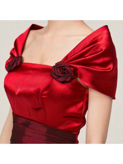 Satin Off-the-Shoulder Floor Length A-line Evening Dress with Handmade Flowers