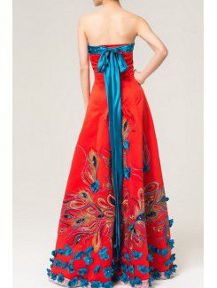 Satin Strapless Floor Length A-line Evening Dress with Embroidered