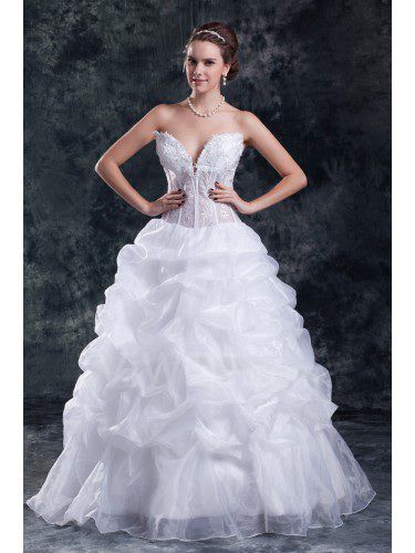 Organza V-Neck Floor Length A-line Embroidered Wedding Dress