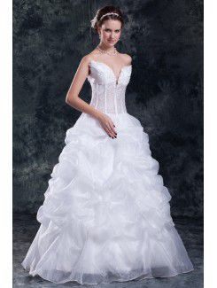 Organza V-Neck Floor Length A-line Embroidered Wedding Dress