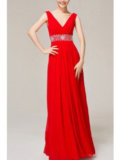 Chiffon V-neck Floor Length Empire Evening Dress with Sequins