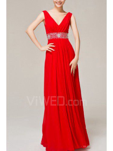 Chiffon V-neck Floor Length Empire Evening Dress with Sequins