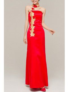 Satin Halter Floor Length Sheath Evening Dress with Handmade Flowers