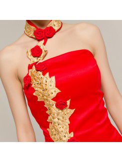 Satin Halter Floor Length Sheath Evening Dress with Handmade Flowers