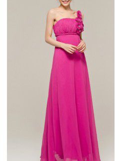 Chiffon One Shoulder Floor Length A-line Evening Dress with Handmade Flowers