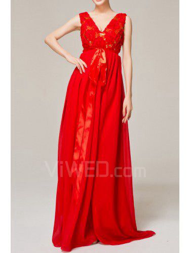 Chiffon V-neck Floor Length Empire Evening Dress with Sequins