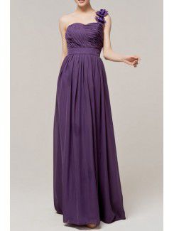 Chiffon One Shoulder Floor Length A-line Evening Dress with Handmade Flowers