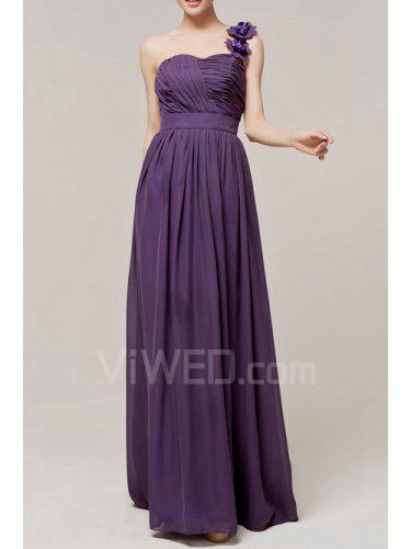 Chiffon One Shoulder Floor Length A-line Evening Dress with Handmade Flowers