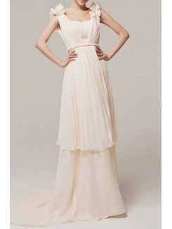 Chiffon Straps Chapel Train A-line Evening Dress with Handmade Flowers