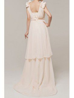 Chiffon Straps Chapel Train A-line Evening Dress with Handmade Flowers