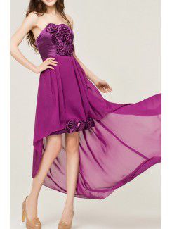 Chiffon Strapless Sweep Train A-line Evening Dress with Handmade Flowers