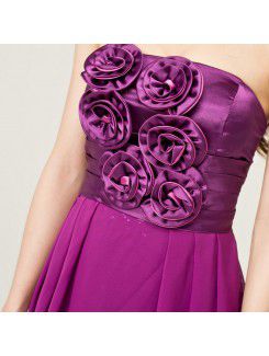 Chiffon Strapless Sweep Train A-line Evening Dress with Handmade Flowers