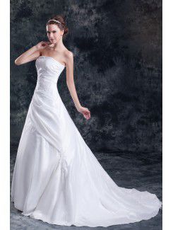 Taffeta Strapless Sweep Train A-line Embroidered Wedding Dress