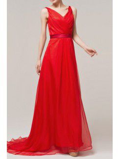 Chiffon V-neck Sweep Train A-line Evening Dress