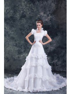 Organza Square Sweep Train A-line Cap Sleeve Wedding Dress