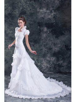 Organza Square Sweep Train A-line Cap Sleeve Wedding Dress