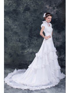 Organza Square Sweep Train A-line Cap Sleeve Wedding Dress