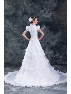 Organza Square Sweep Train A-line Cap Sleeve Wedding Dress