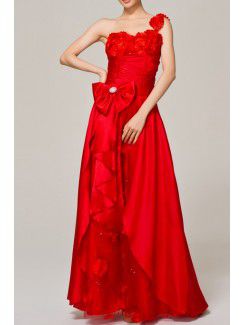 Taffeta One Shoulder Floor Length A-line Evening Dress with Handmade Flowers