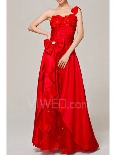 Taffeta One Shoulder Floor Length A-line Evening Dress with Handmade Flowers