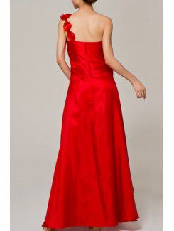 Taffeta One Shoulder Floor Length A-line Evening Dress with Handmade Flowers