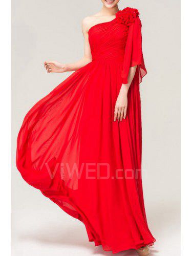 Chiffon One Shoulder Floor Length Empire Evening Dress with Handmade Flowers