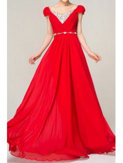 Chiffon V-neck Floor Length A-line Evening Dress with Sequins