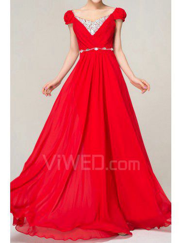 Chiffon V-neck Floor Length A-line Evening Dress with Sequins