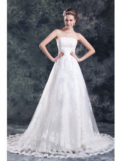 Net Strapless Sweep Train A-line Embroidered Wedding Dress