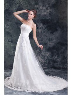 Net Strapless Sweep Train A-line Embroidered Wedding Dress